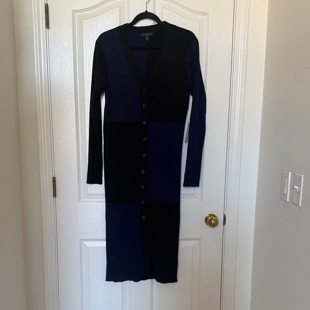 Eloquii Black and Navy Ribbed Button-Down Cardigan
